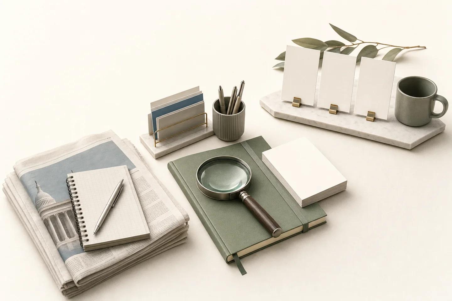 A folded newspaper with a capitol photo, a notebook, a magnifier and a mug on a light desk.