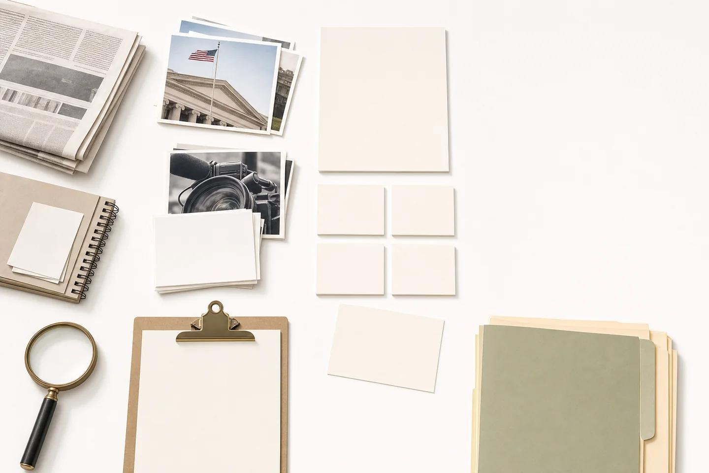 Newspapers and photo prints with a magnifying glass, clipboard, blank cards and a green folder.