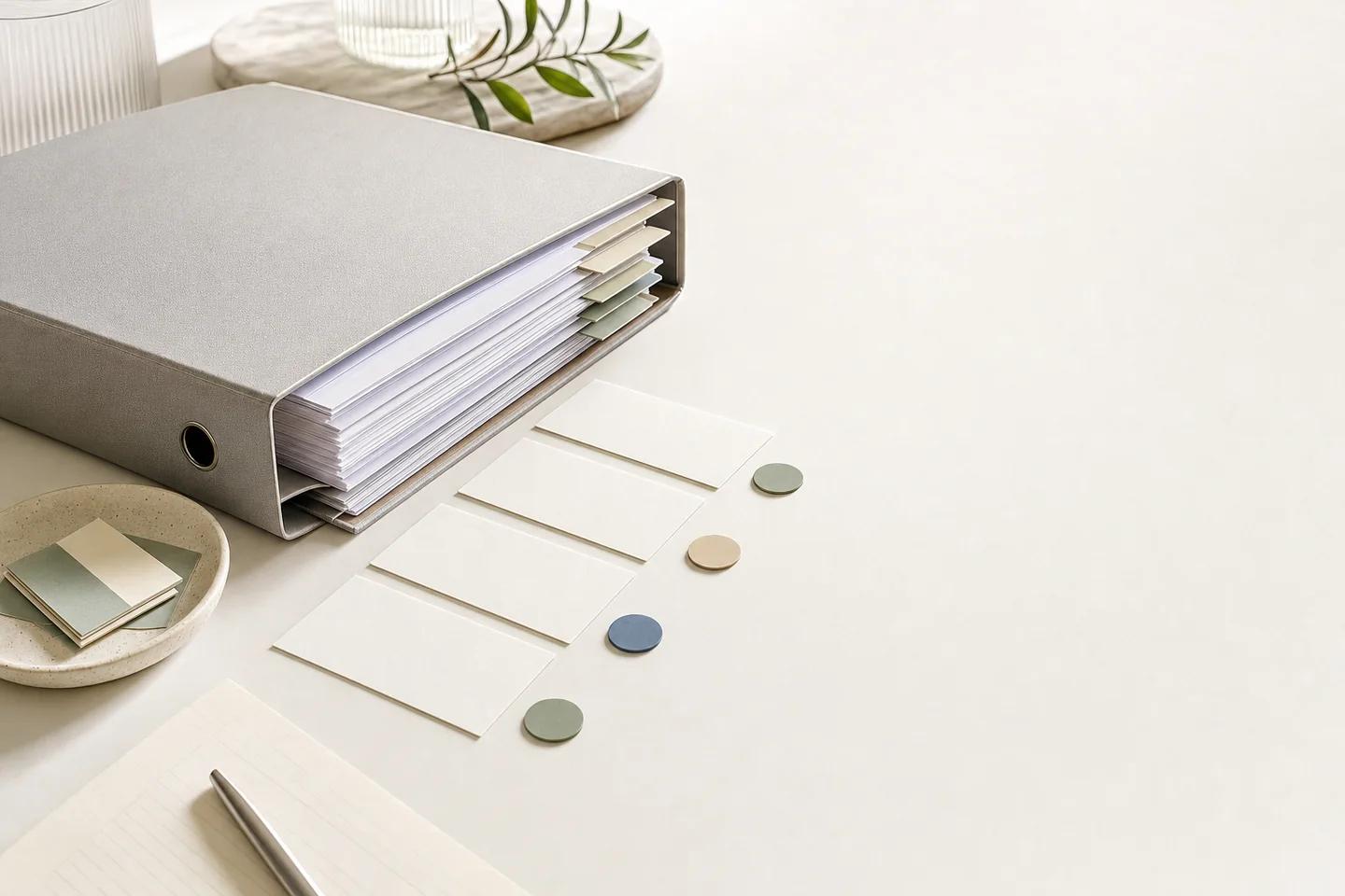 A grey lever-arch file beside a row of blank cards marked with small coloured dots on a cream desk.