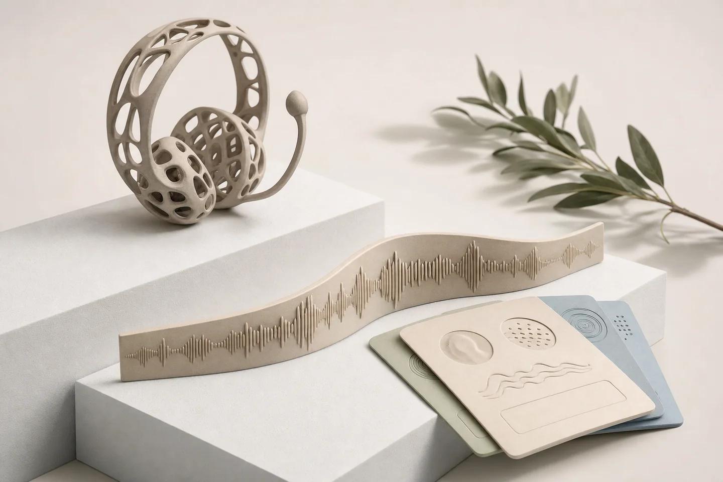 A lattice-patterned headset, a printed sound wave strip and embossed cards with face and fingerprint motifs on white blocks beside an olive branch.