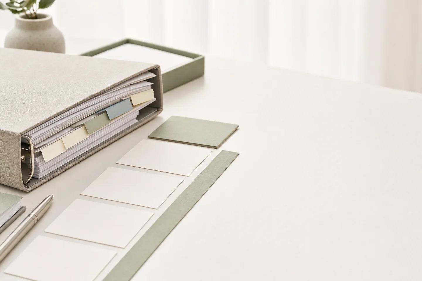 A tabbed binder and a row of pale cards and swatches arranged diagonally on a white desk.