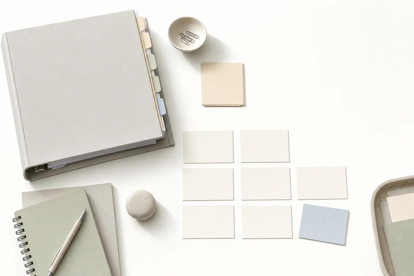 A tabbed binder, a notebook with a pen and a grid of blank index cards arranged on a white surface.