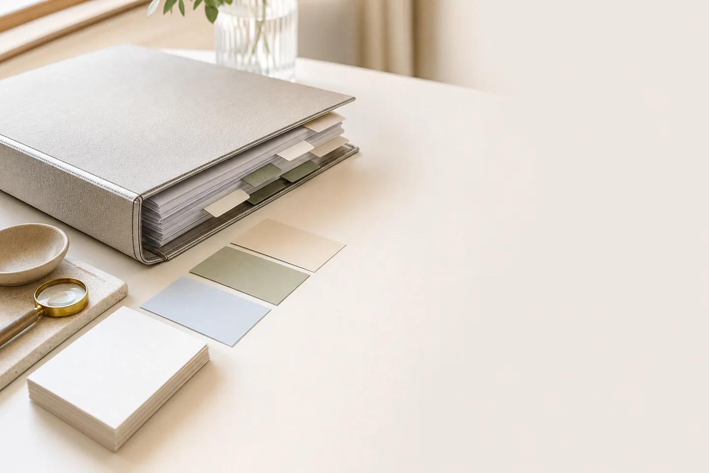 A tabbed binder, colour swatches, a magnifying glass and a stack of cards on a sunlit desk.