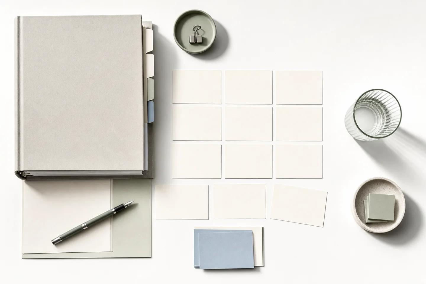 A closed grey binder with index tabs, a grid of blank cards, a pen and small dishes laid out on a white desk.