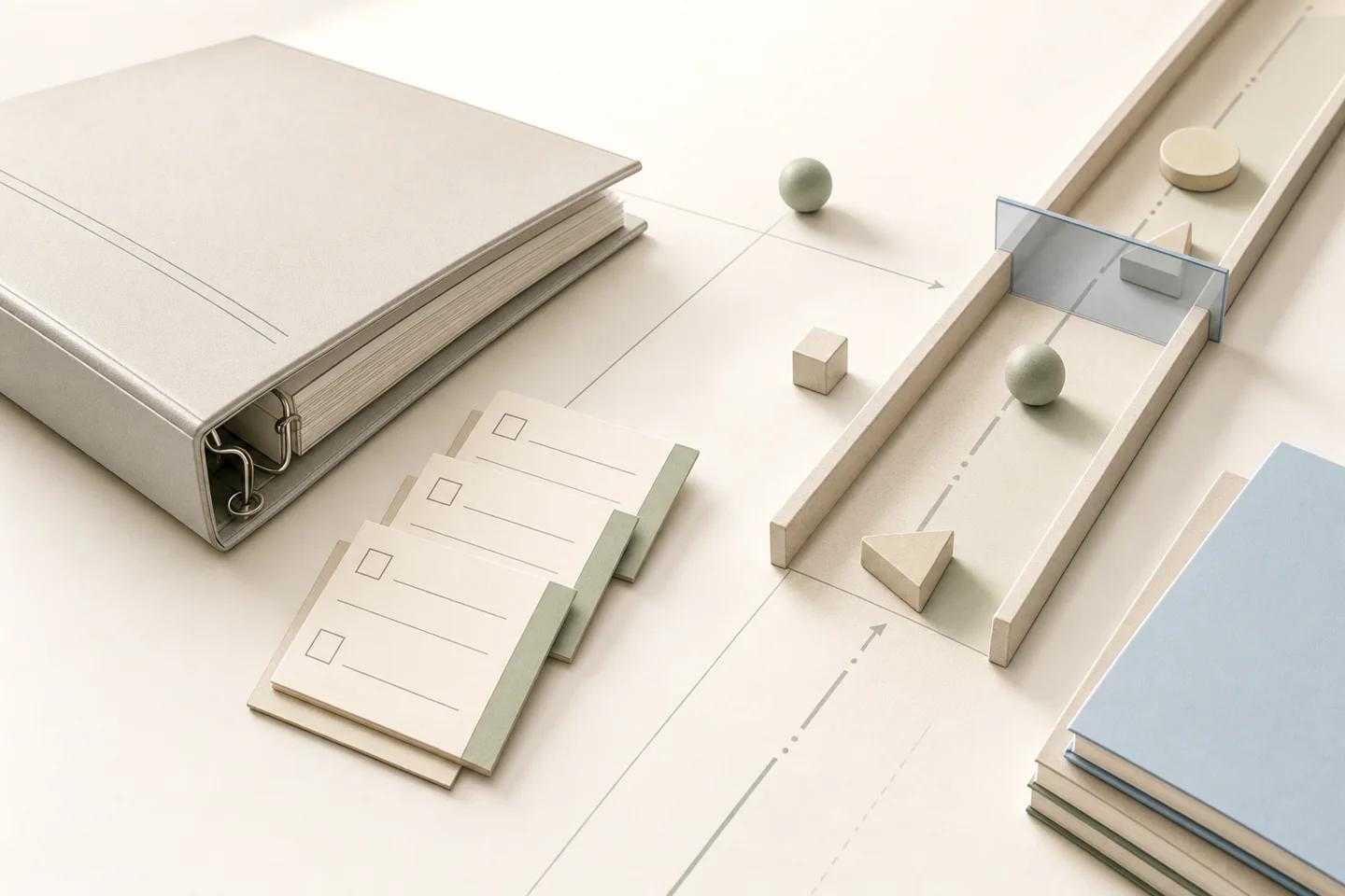 Still life of verification objects on a white surface, representing the legal questions around making a deepfake.