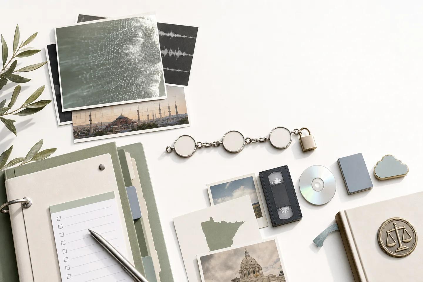 A notebook checklist, a state map card, a scales emblem, a cassette and photo prints on a desk.
