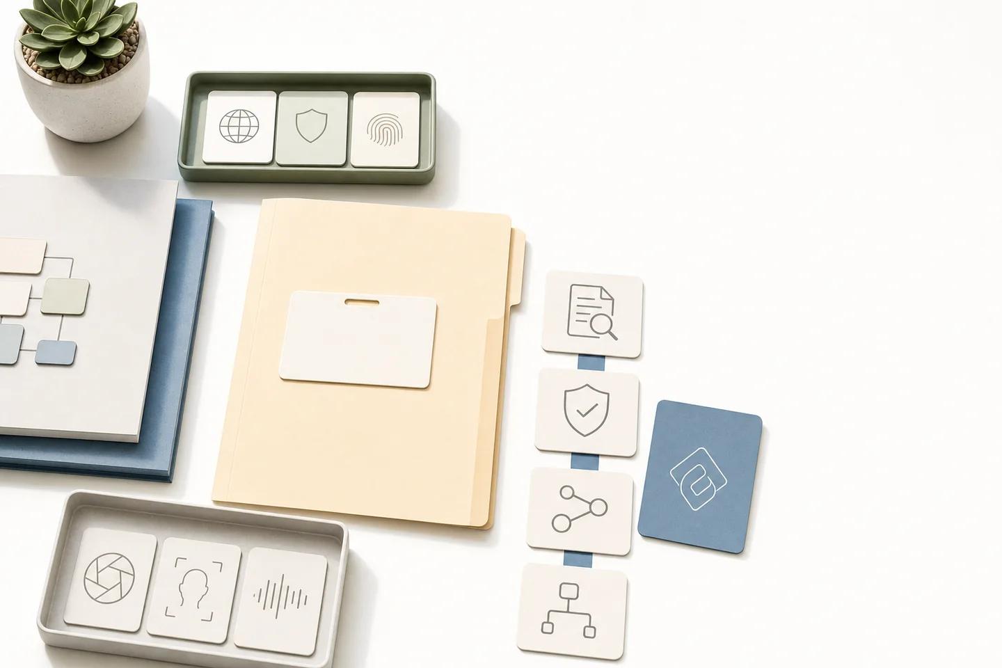 Light still life of folders, a tray of capture icons and connector cards arranged as an identity verification pipeline.