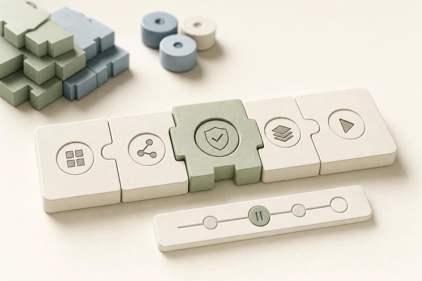 Row of interlocking tiles with grid, network, shield, layers and play icons, the shield tile in green, above a slider bar and beside stacked blocks.
