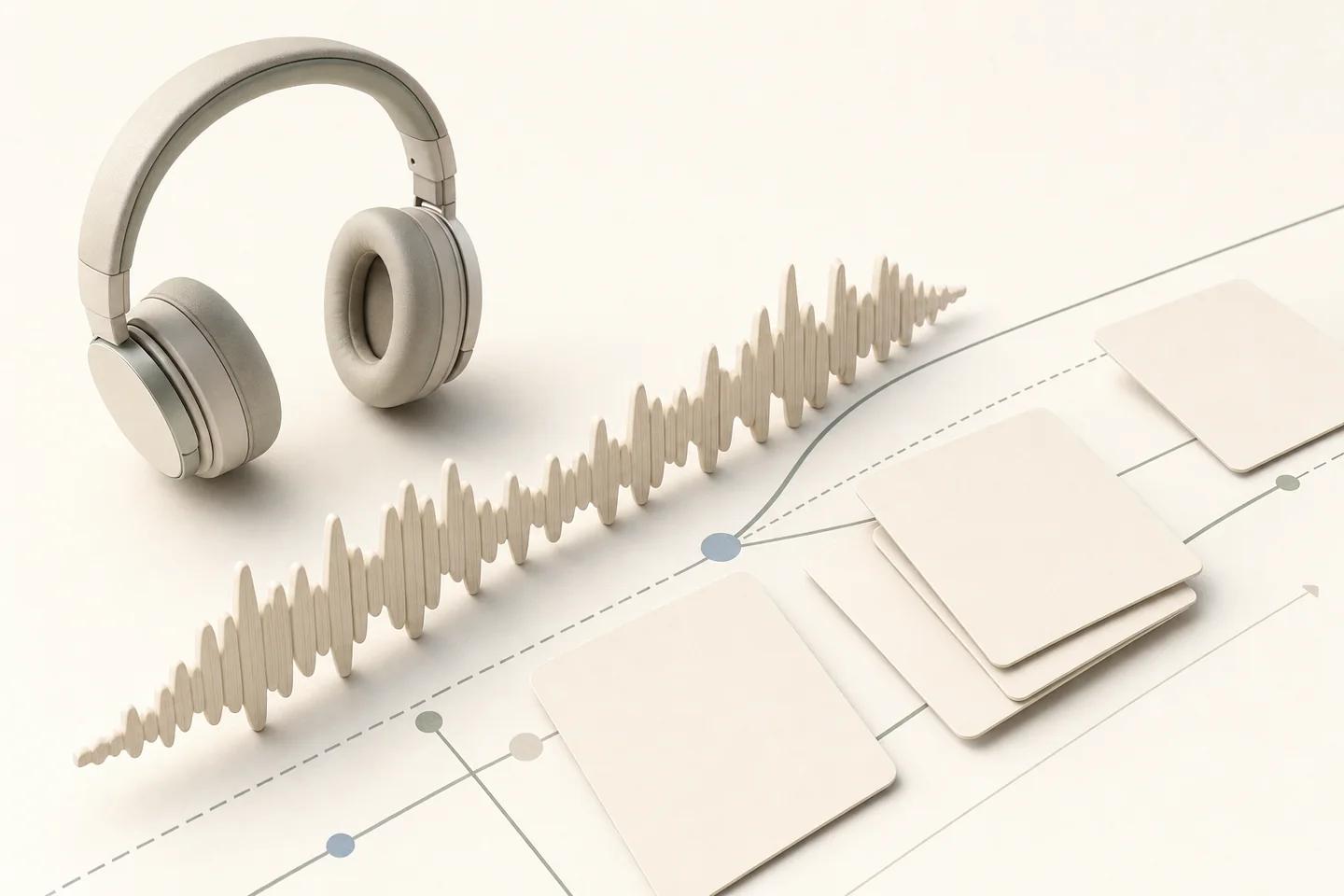 A pair of headphones beside a sculpted audio waveform and blank cards linked by a thin line.
