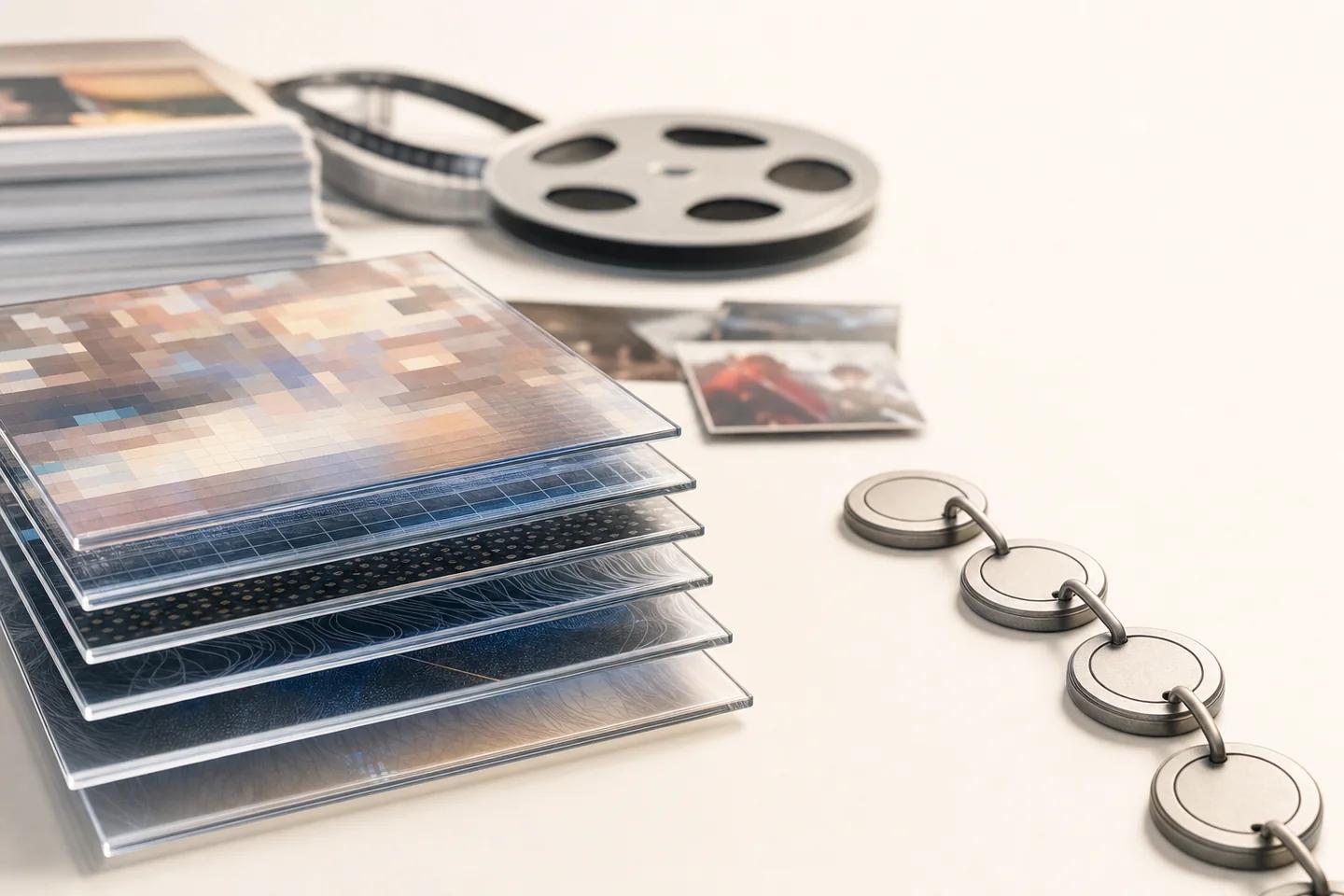 A stack of glass plates holding a pixelated photo, with film reels and a chain of metal rings beside it.