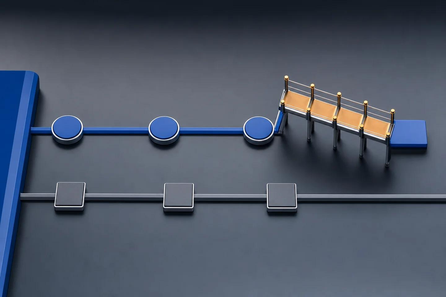 Two parallel tracks on a dark background: a blue line with round markers that branches onto a short bridge, and a grey line with square markers that continues straight.