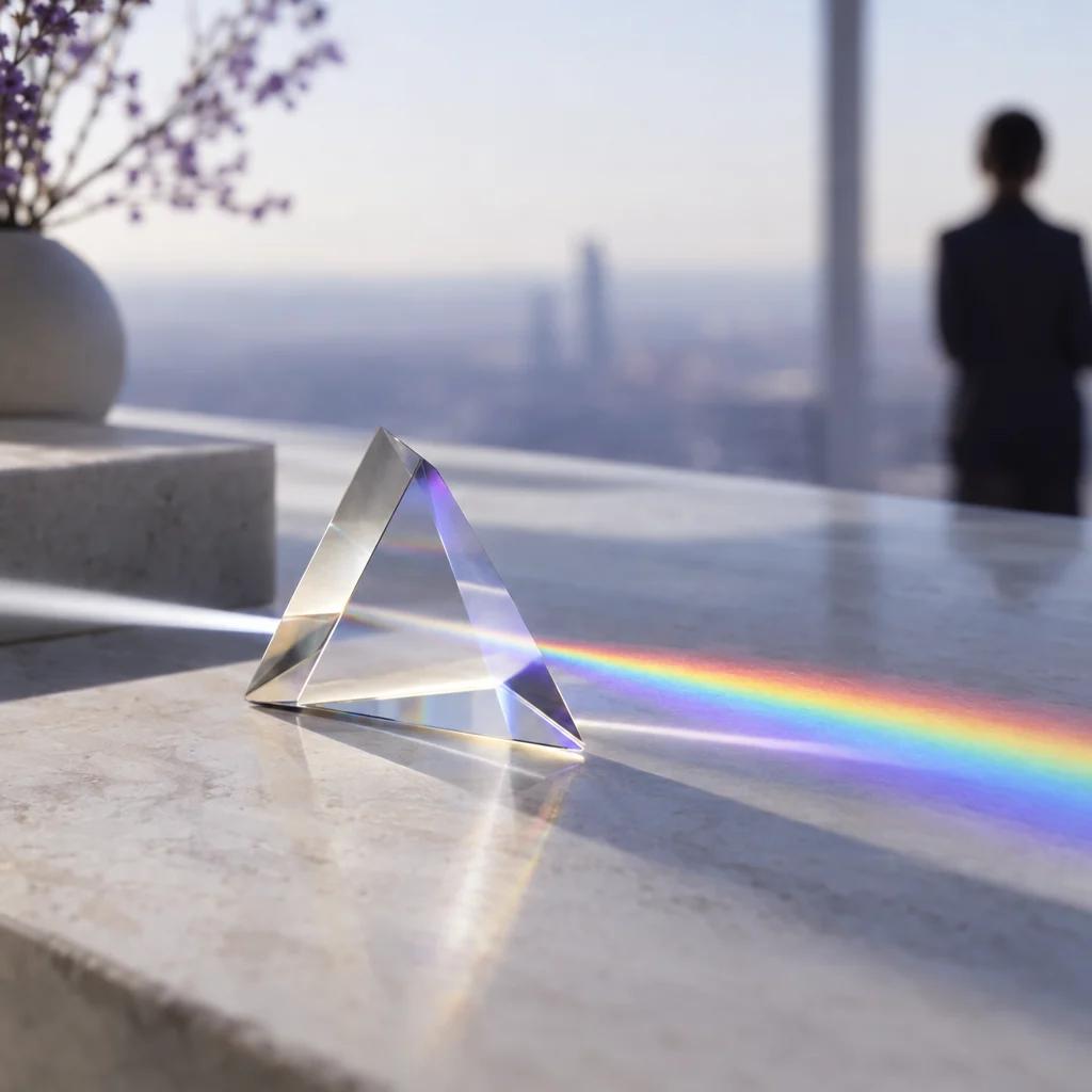 A glass prism splitting a beam of light into a clean spectrum on white stone