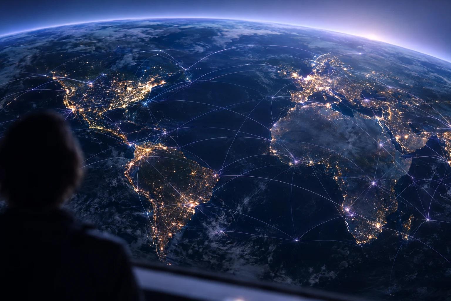 Earth at night from orbit, city lights linked by fine arcs of light across oceans