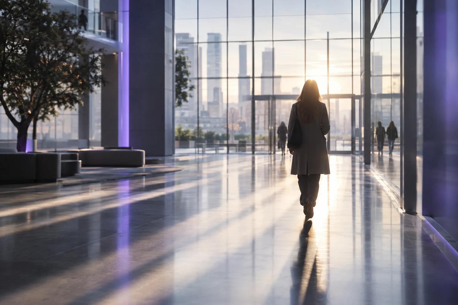 A figure walking through a glass lobby toward long beams of dawn light