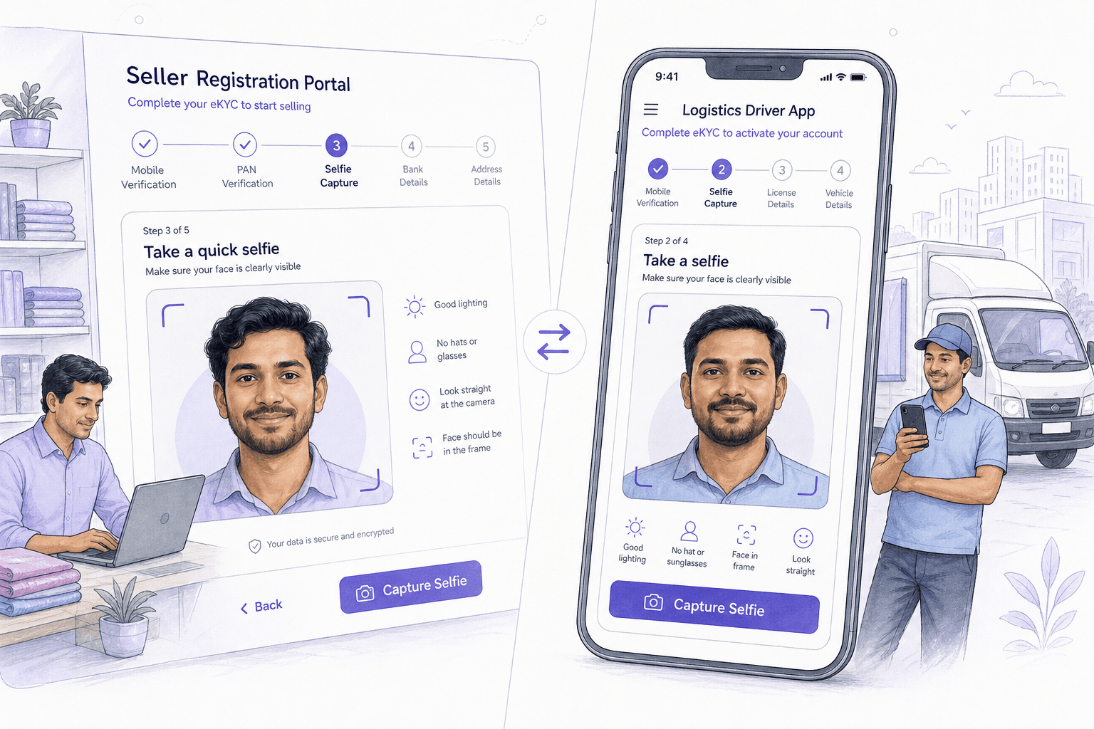 Light editorial illustration of a marketplace seller portal and a delivery partner app, each with a selfie capture step.