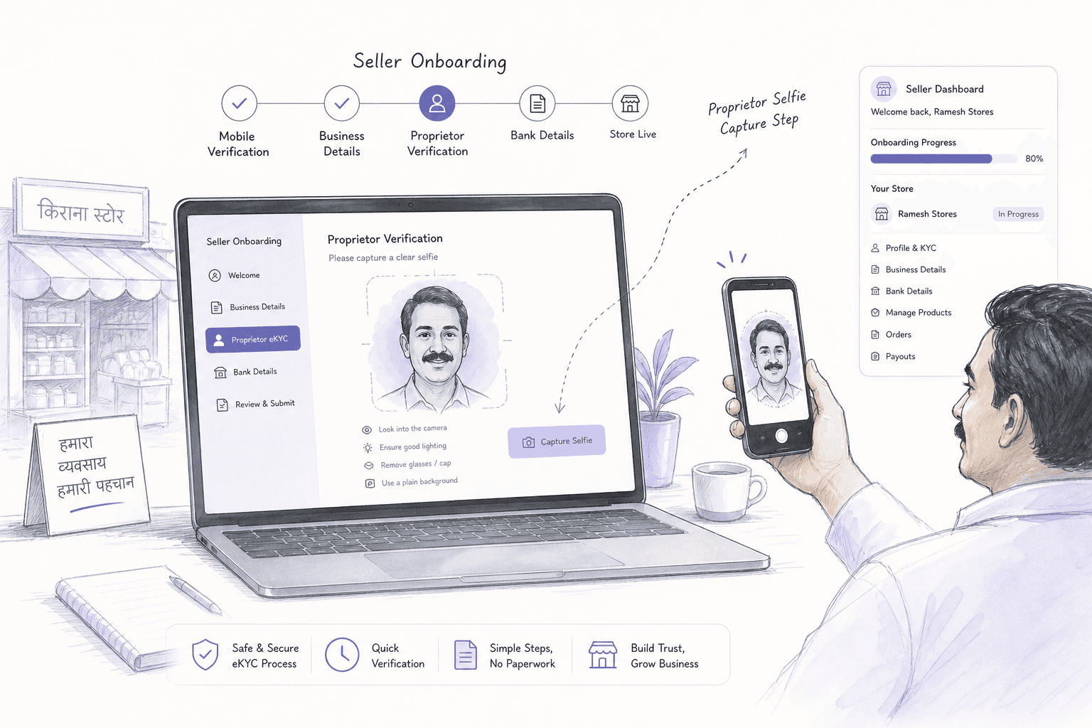 Light editorial illustration of a seller onboarding portal on a laptop with a proprietor selfie capture step.