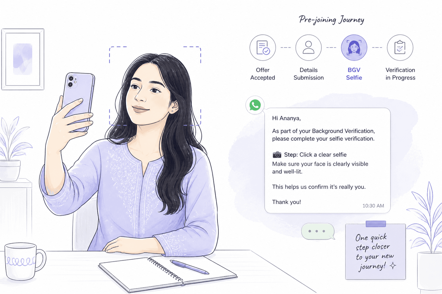 Light editorial illustration of a candidate completing a selfie step on a phone as part of pre-joining verification.