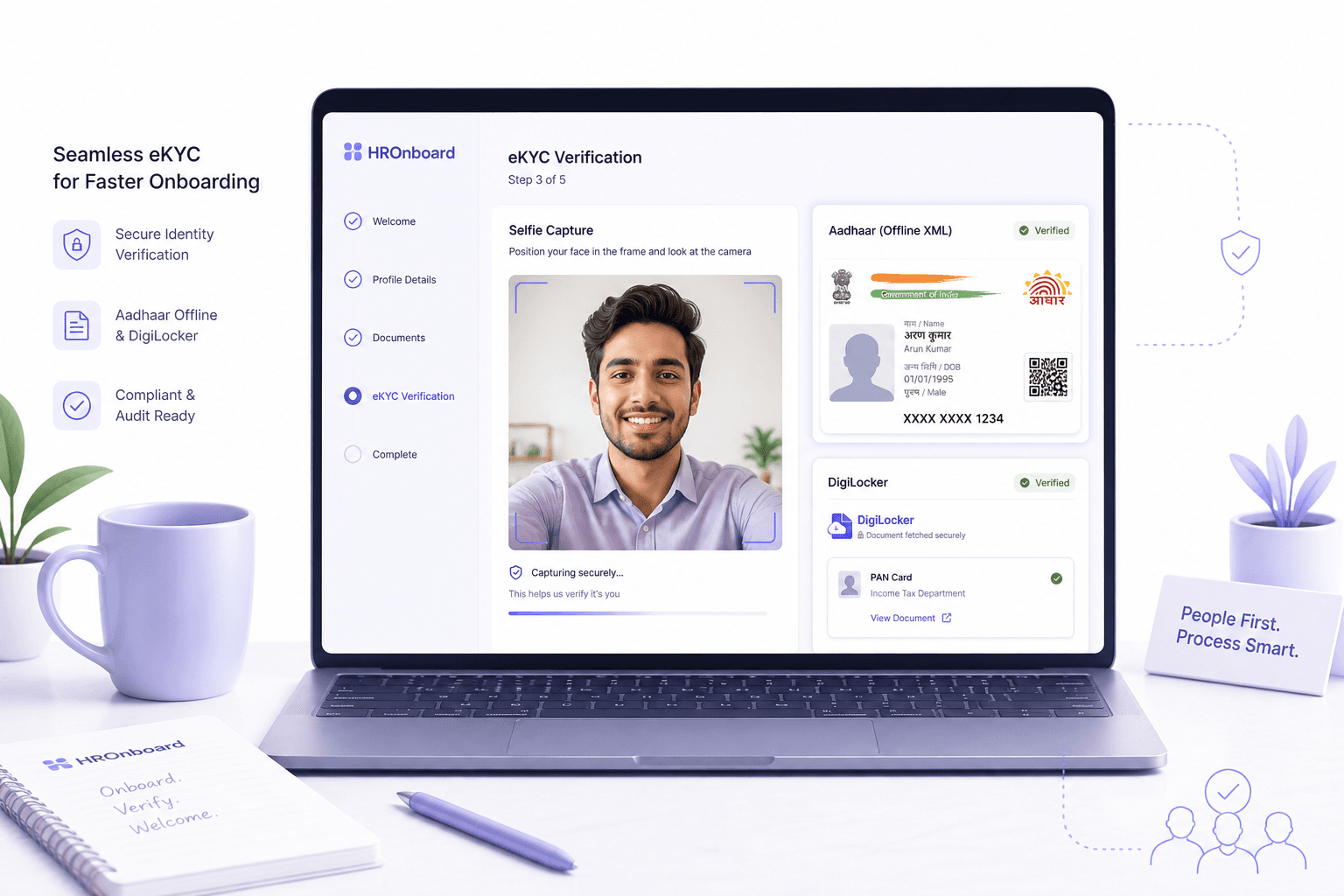 Light editorial illustration of a remote hiring portal with a candidate selfie and video interview frame on a laptop on a light background.