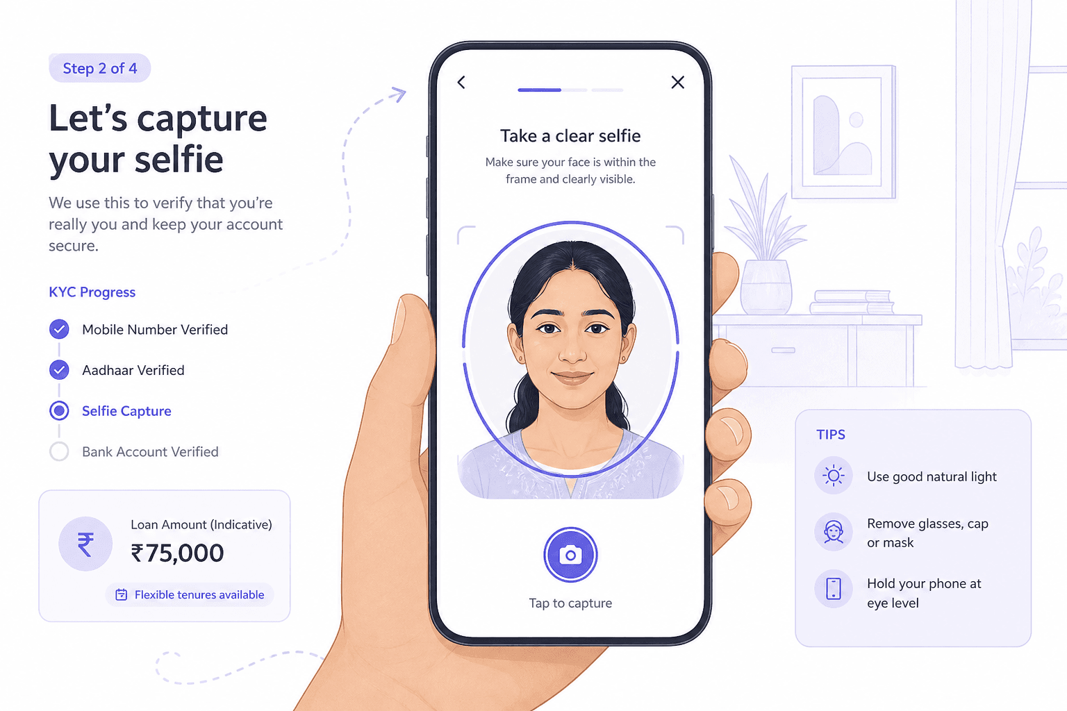 Illustration of a digital lending app with a borrower selfie step beside a loan offer screen.
