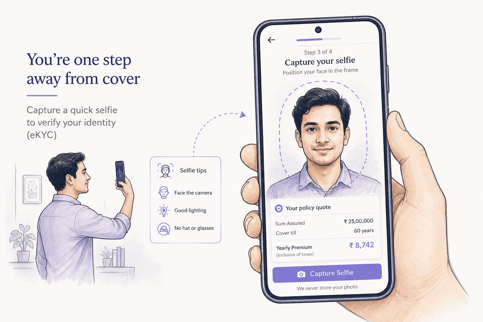 Light editorial illustration of a mobile insurance purchase screen at the selfie capture step, with a policy quote on a light background.