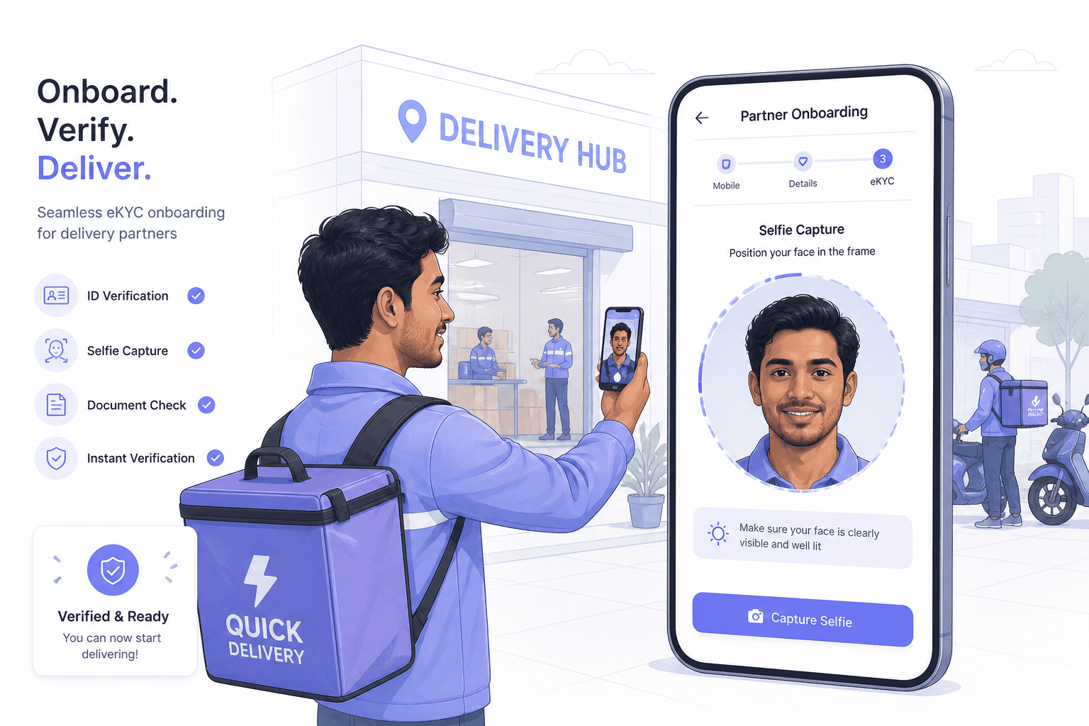 Light editorial illustration of a delivery partner onboarding app with a delivery bag and a dark-store hub in daylight.