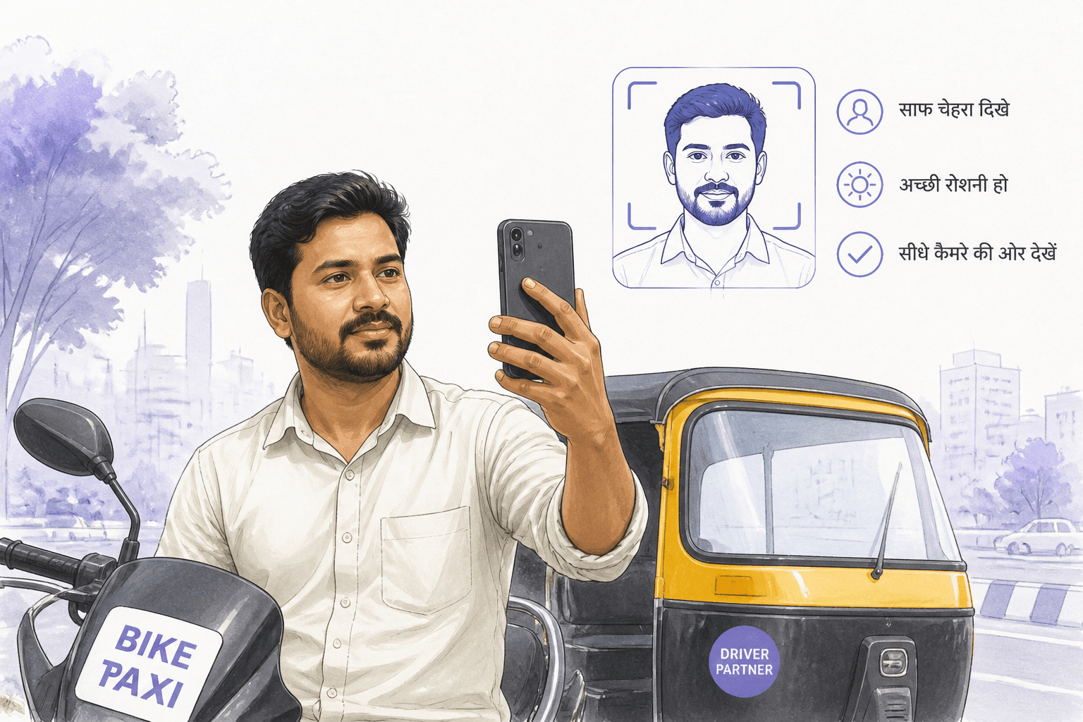 Light editorial illustration of a driver app selfie capture screen in a cab or bike-taxi context, in daylight on a light background.