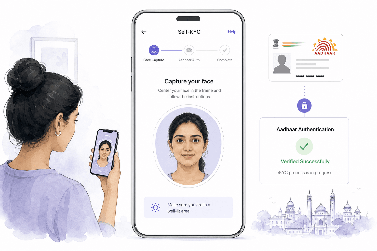 Light editorial illustration of a telecom operator app showing a subscriber face capture step during digital SIM onboarding on a light background.