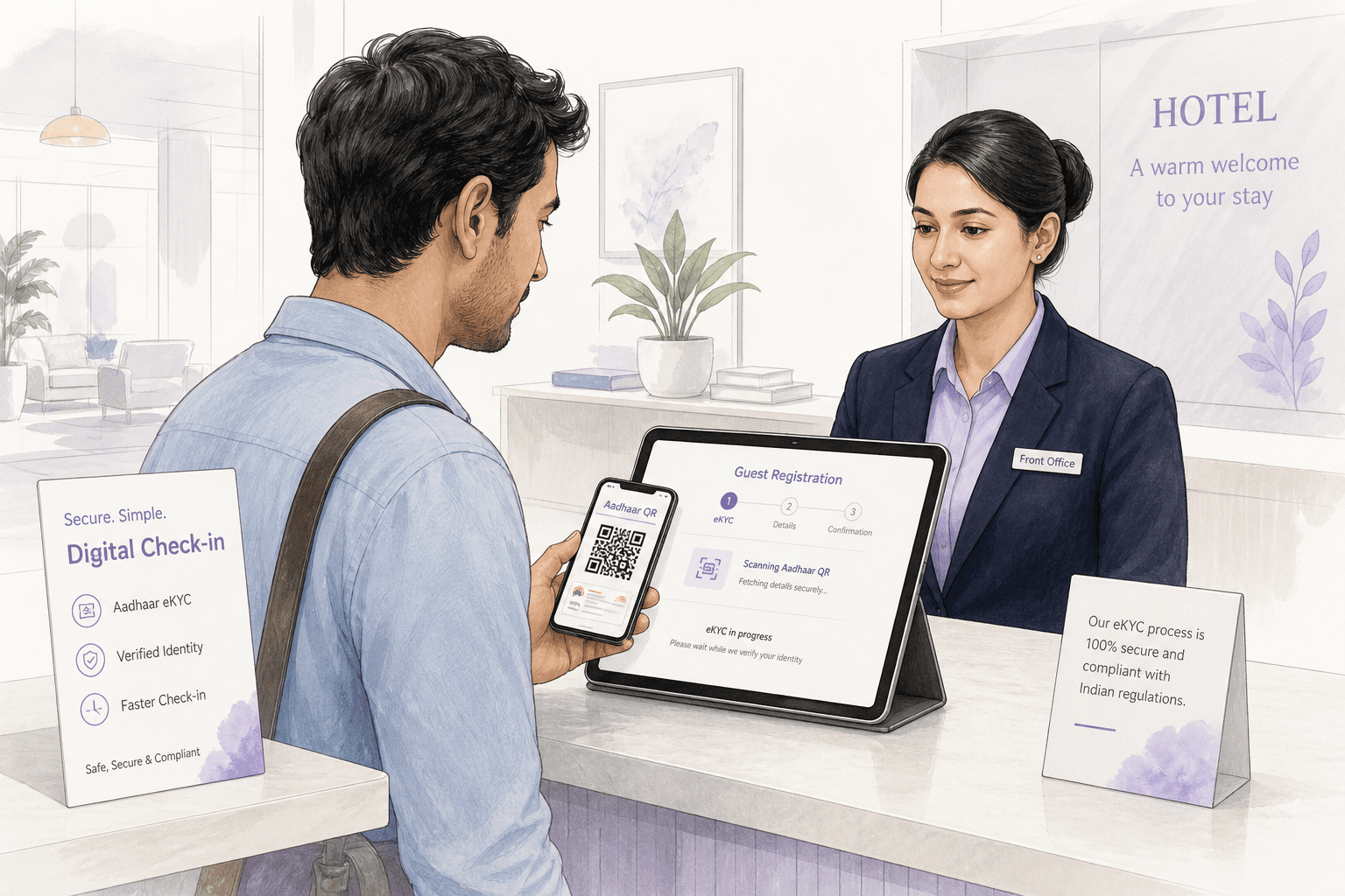 Light editorial illustration of a hotel check-in tablet where a guest completes a face capture while staff monitor a registration screen on a light background.