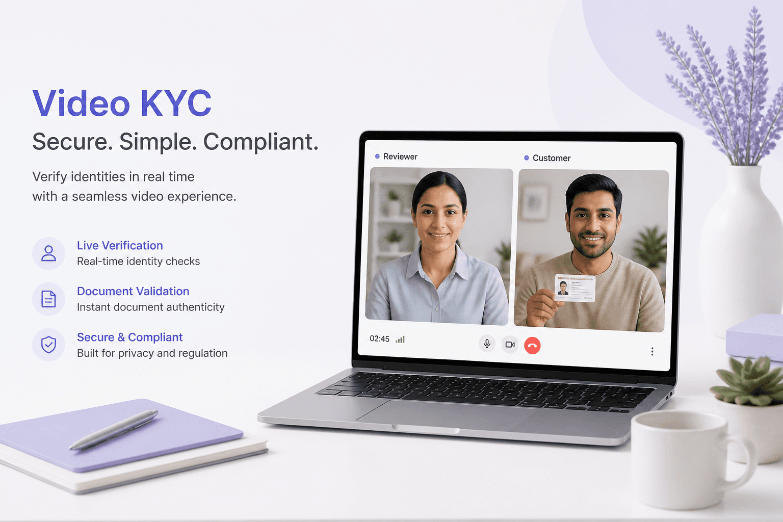 Light editorial illustration of a video KYC call with an agent frame and a customer frame on a white interface.