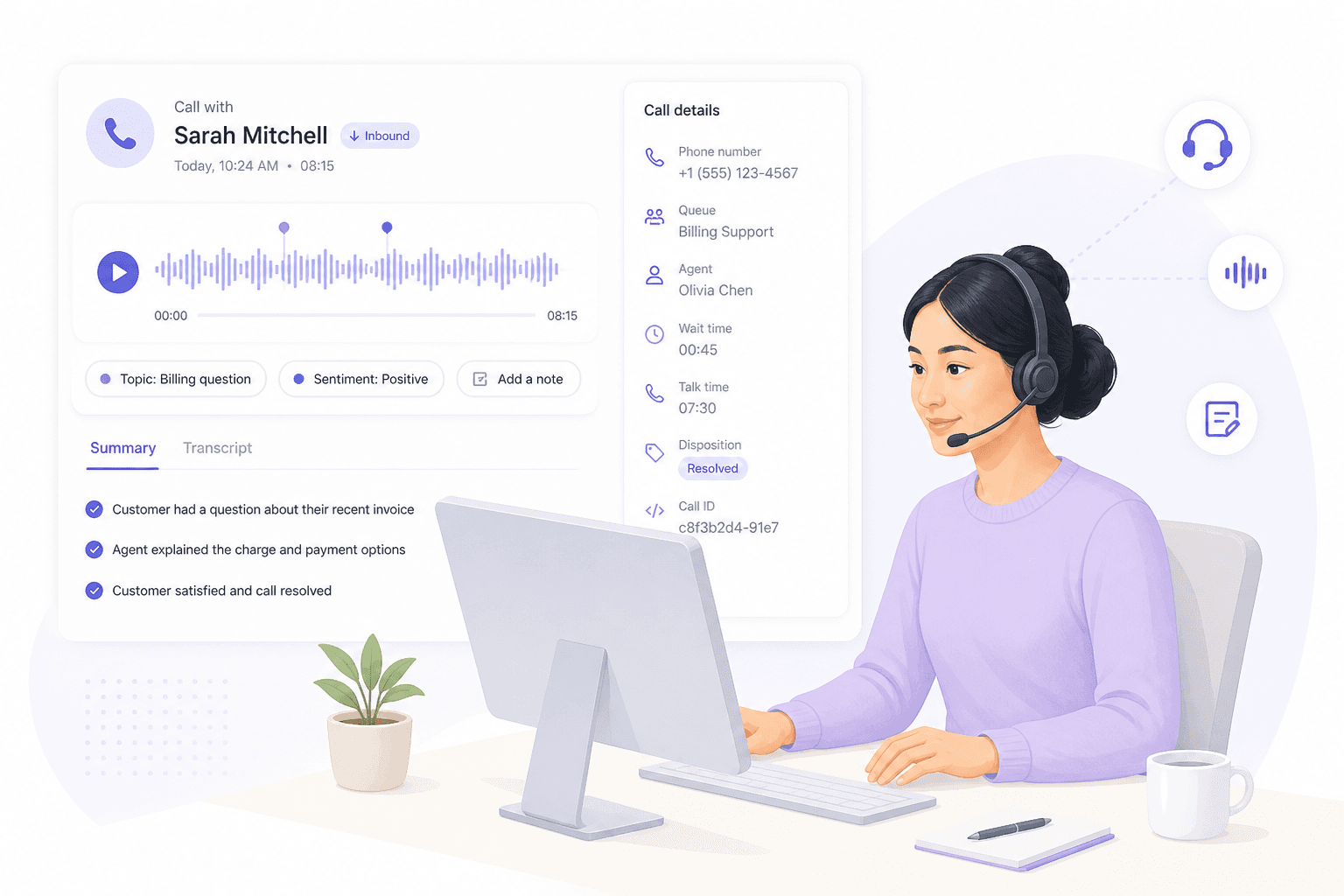 Light editorial illustration of a contact-centre desktop with an audio waveform and call metadata on a white interface.