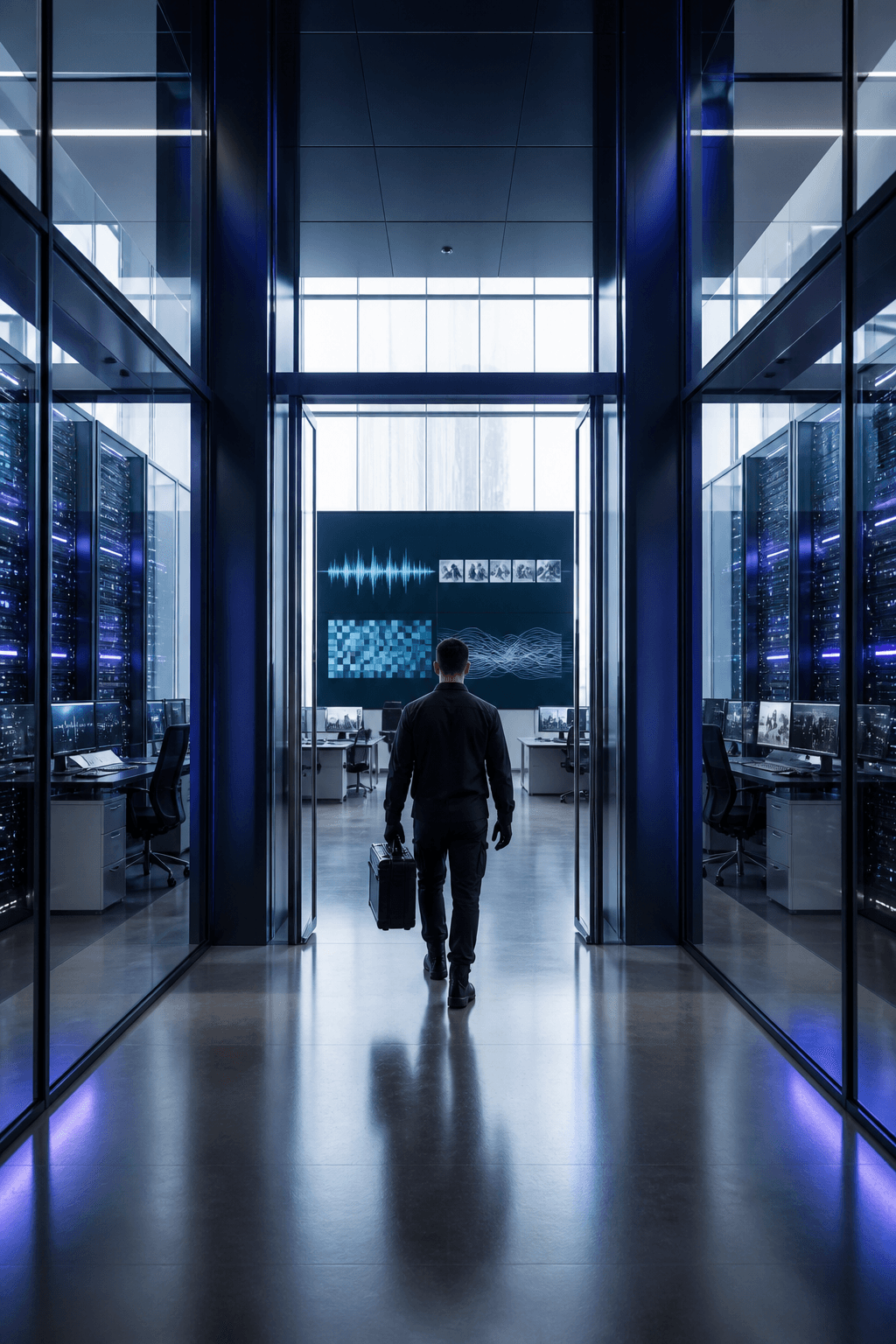 A security specialist entering Neural Defend's controlled multimodal forensics environment