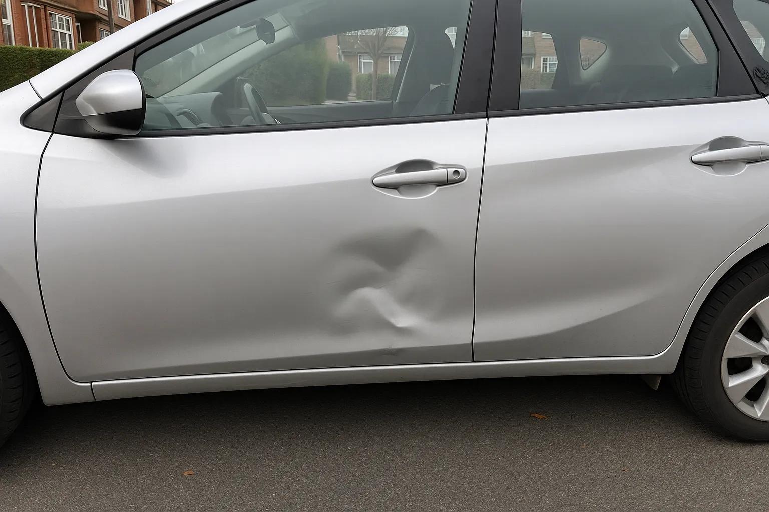 Claim photo of a silver car's rear door with a dent, three regions marked for review