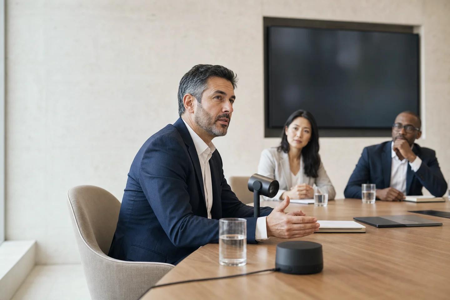 Colleagues participating in a sensitive hybrid meeting.