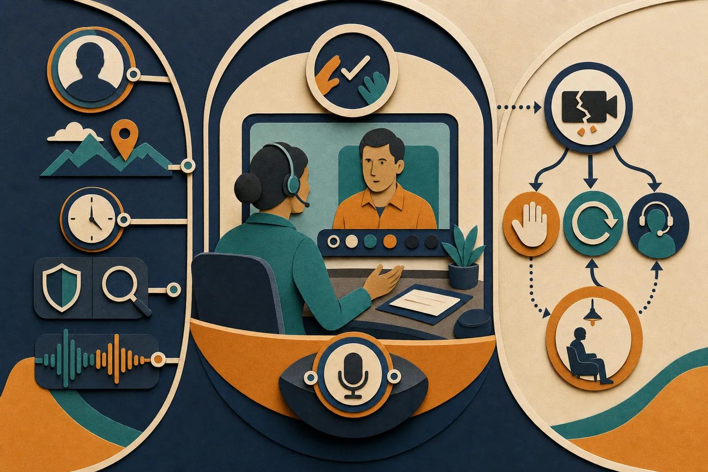Illustration of a bank official on a video call with a customer, surrounded by icons for identity, location, time, security checks and audio, branching to stop, retry or escalate.