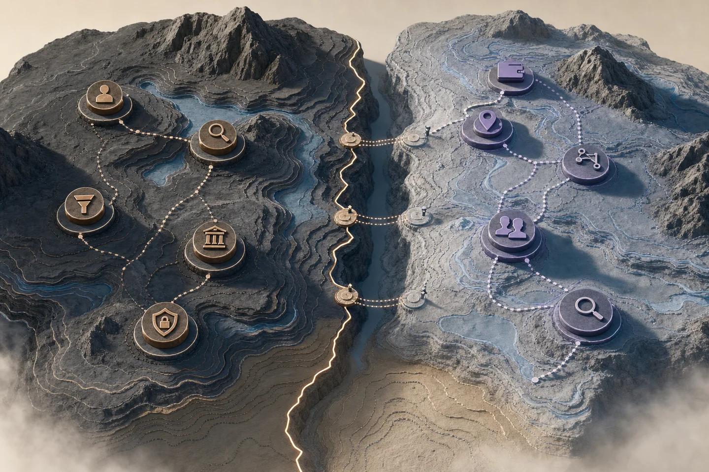 A relief map split by a glowing fault line, with identity icons on one side and wallet and transaction icons on the other, joined by dotted paths.