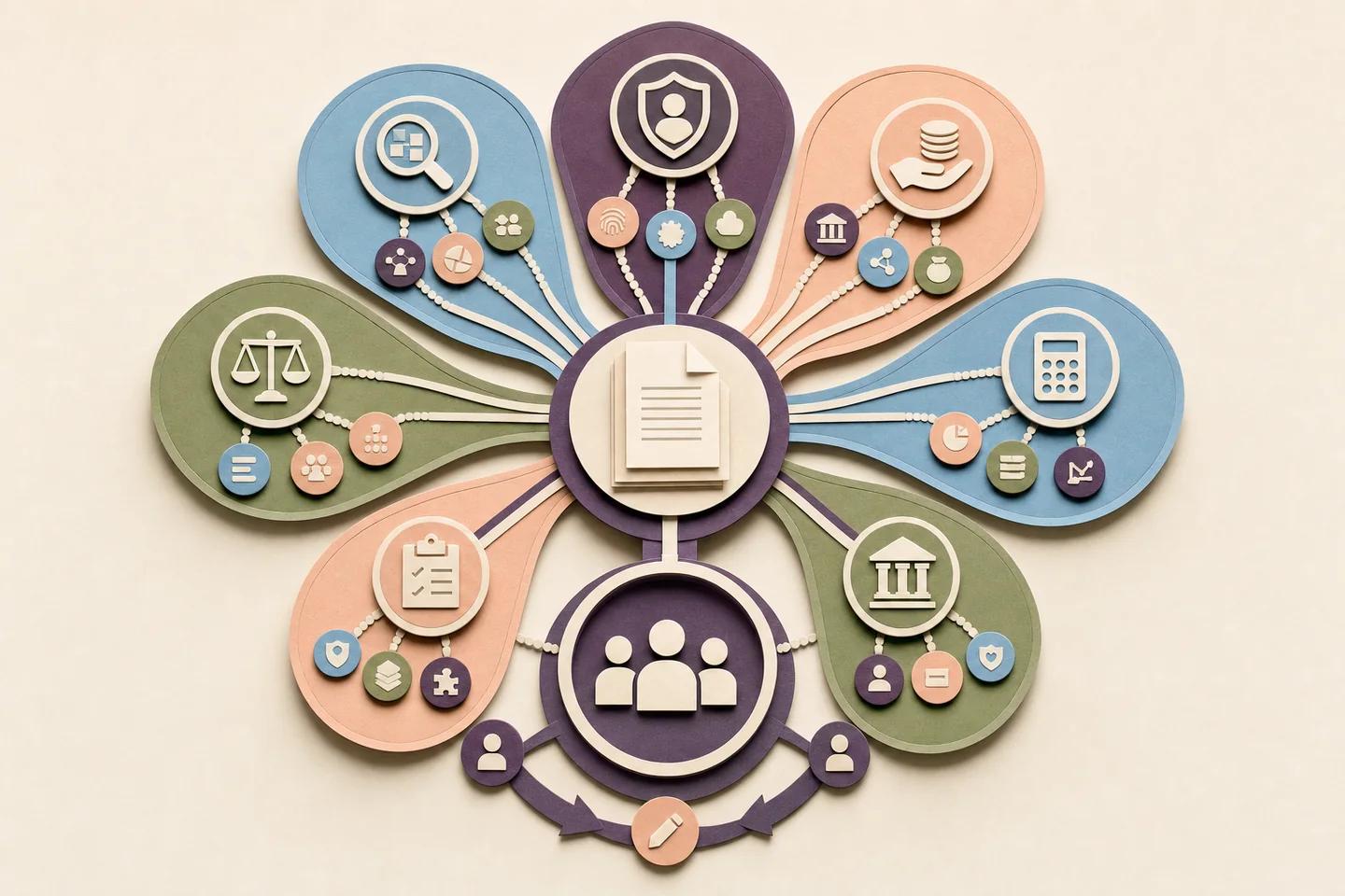 Coloured petals carrying identity, fraud, income, affordability, eligibility and credit icons meet at a central document above a group icon.