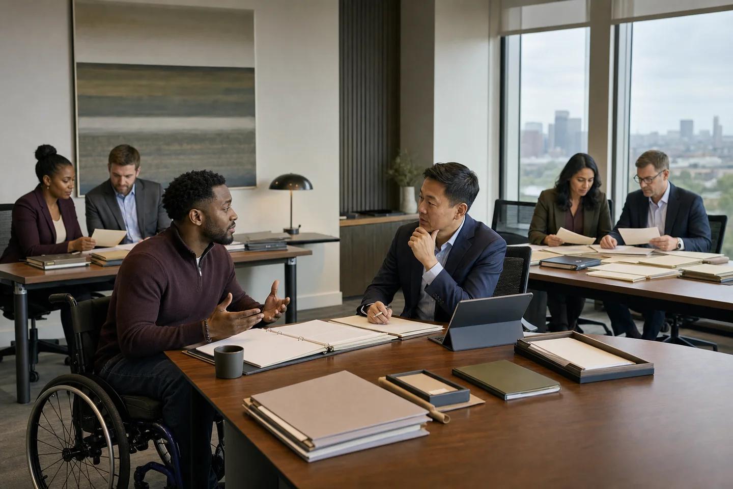 A business representative meets a lending team while authority, ownership, credit, legal and disbursement reviews stay separate.