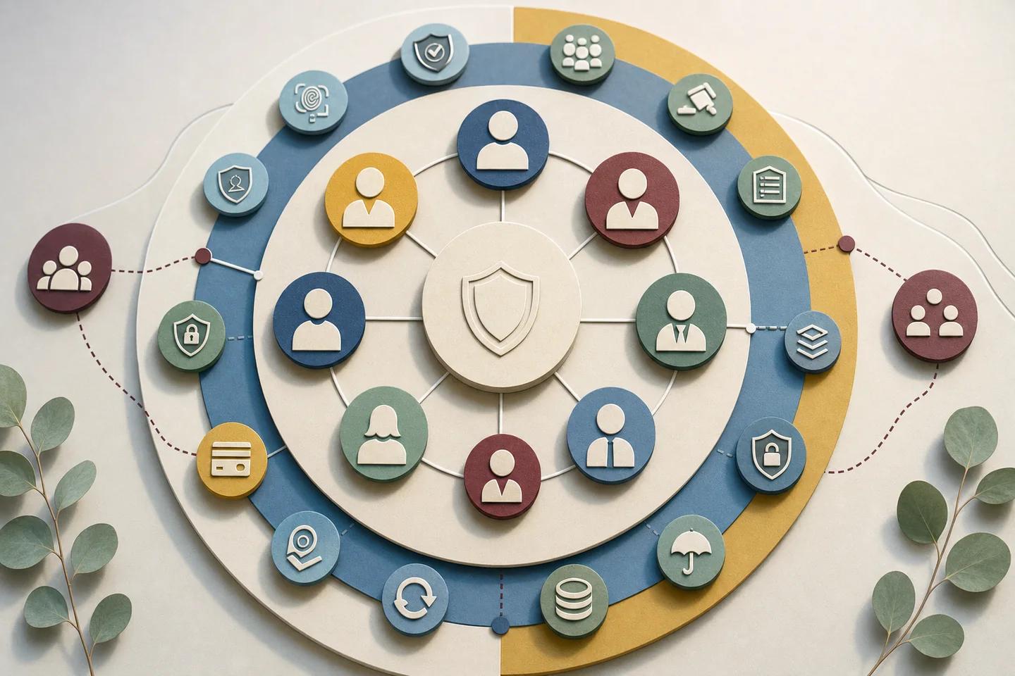 A circular diagram of customer icons around a central shield, ringed by icons for documents, payments, health and protection.