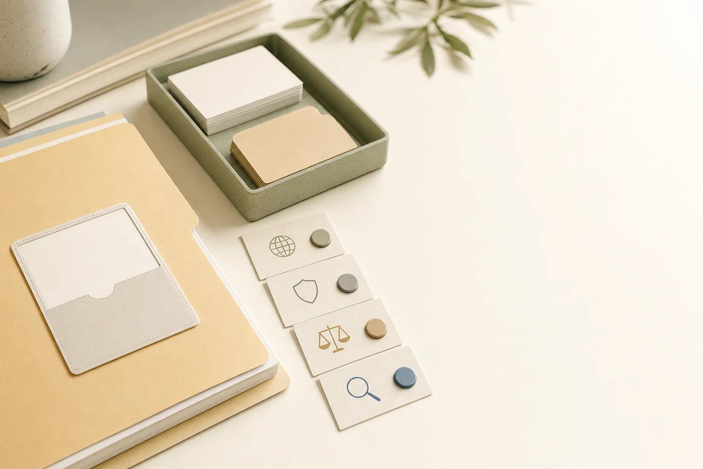 Verification objects on a white surface representing operational KYC review.