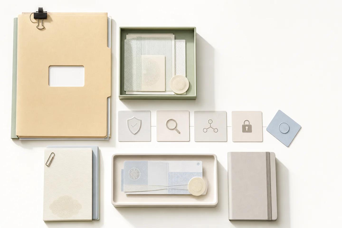 Folders, guilloche-patterned security paper in trays and a row of tiles marked shield, magnifier, network and padlock on a white desk.