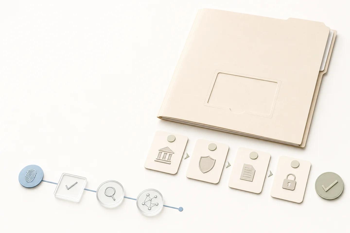 Verification objects on a white surface representing deepfake detection in banking and financial services.