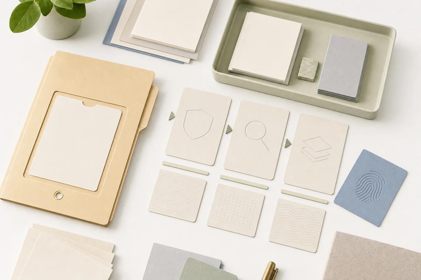 A folder with a framed blank card beside a row of cards embossed with a shield, magnifier and stacked layers, texture tiles and a fingerprint card.