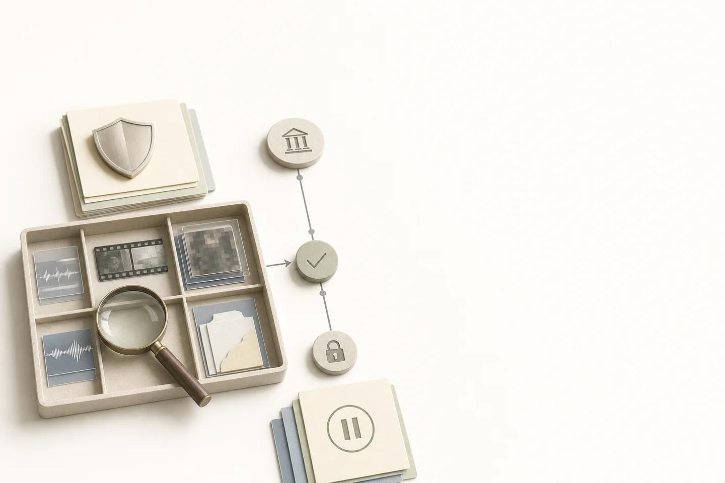 A tray of photo, film and waveform samples with a magnifying glass, linked by a line to bank, check mark and padlock icons.