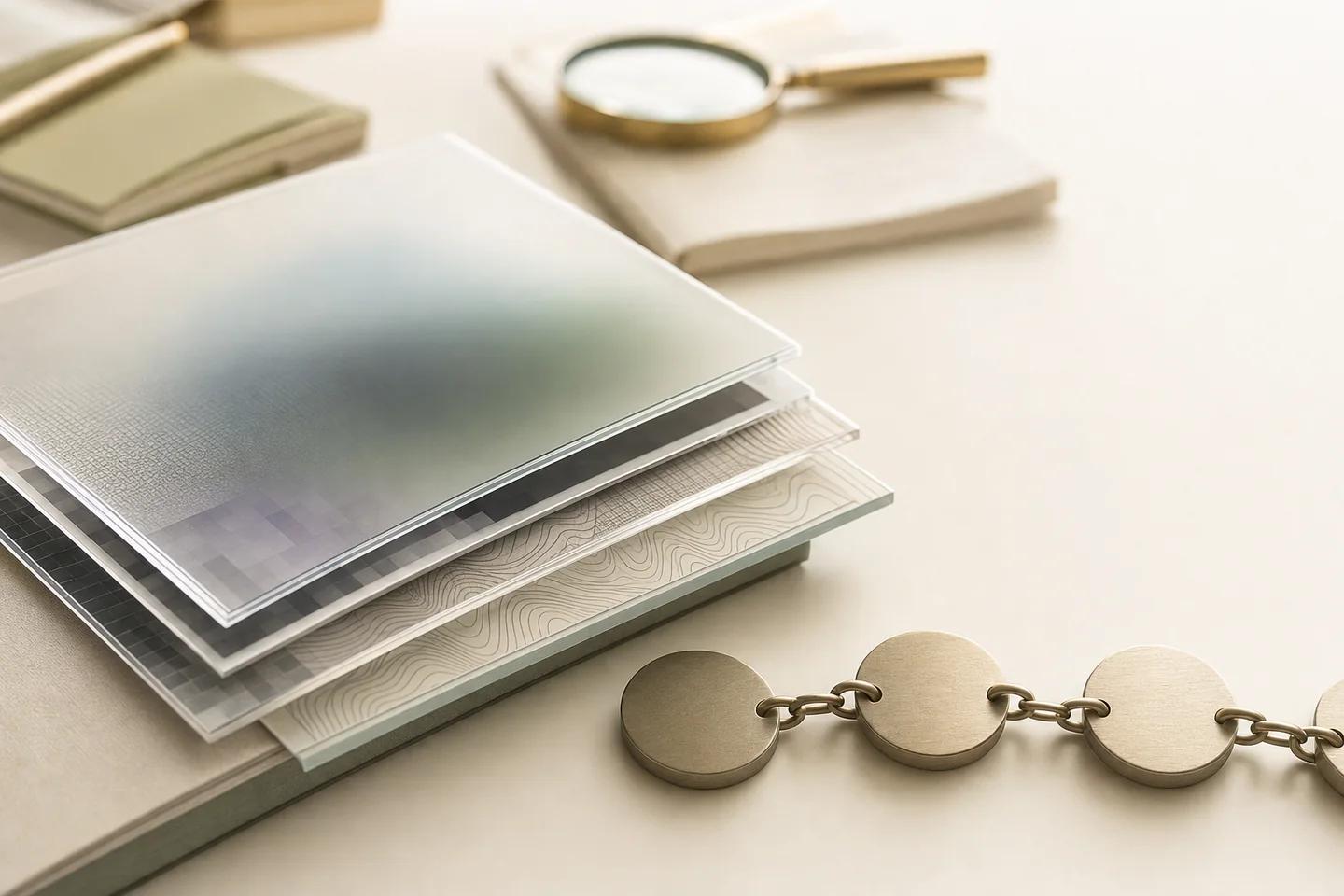 Light enterprise still life for deepfakes enable insider trading schemes in financial markets: deepfakes-related verification objects on a white surface, no people.
