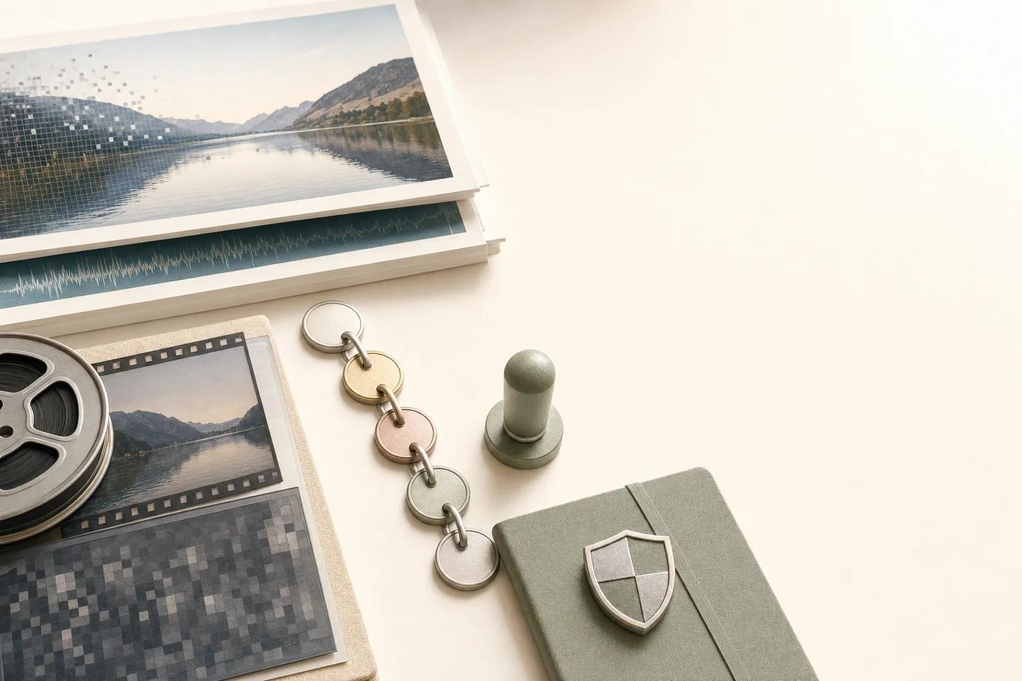 A landscape print dissolving into pixels, a film reel, a chain of coloured discs and a folder with a shield emblem.