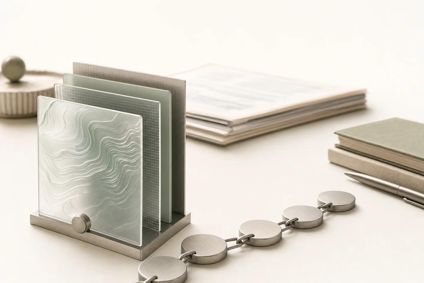 Frosted glass and metal panels in a desk stand, joined by a chain of metal discs, with stacked reports and a notebook behind.