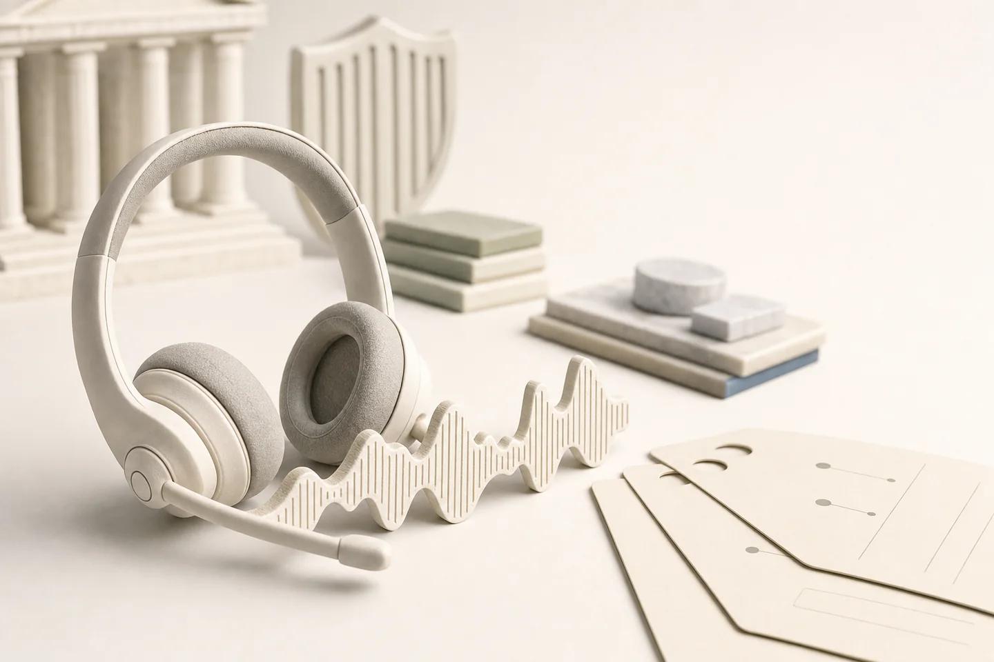 Still life of verification objects on a white surface, used to illustrate government-targeted voice fraud.