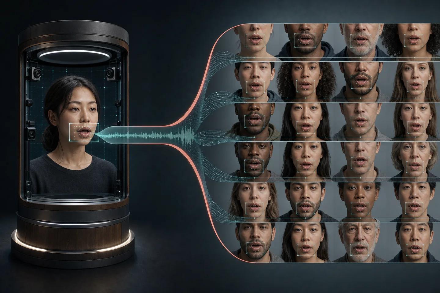 An audio ribbon moves from one calibrated fictional speaker to a varied field of synchronized mouth regions.
