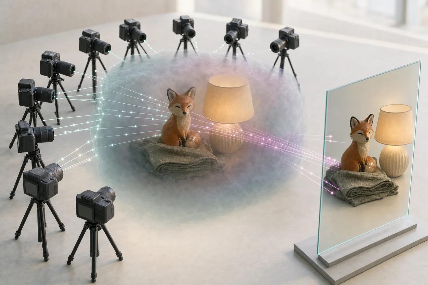 Conceptual view of camera rays passing through a volumetric scene to render one consistent object from several viewpoints.