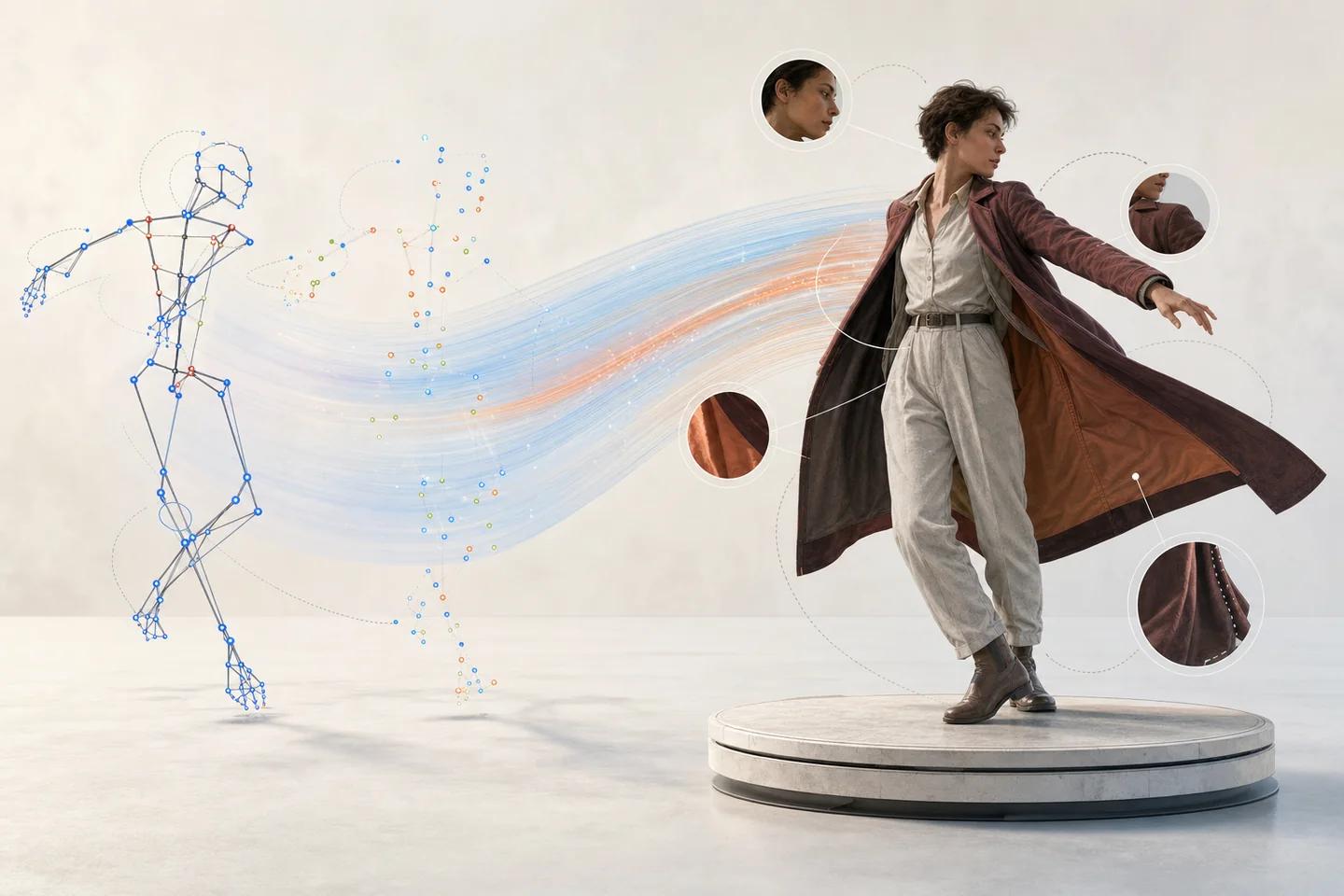 Conceptual view of movement from one fictional figure being transferred onto the appearance of another.